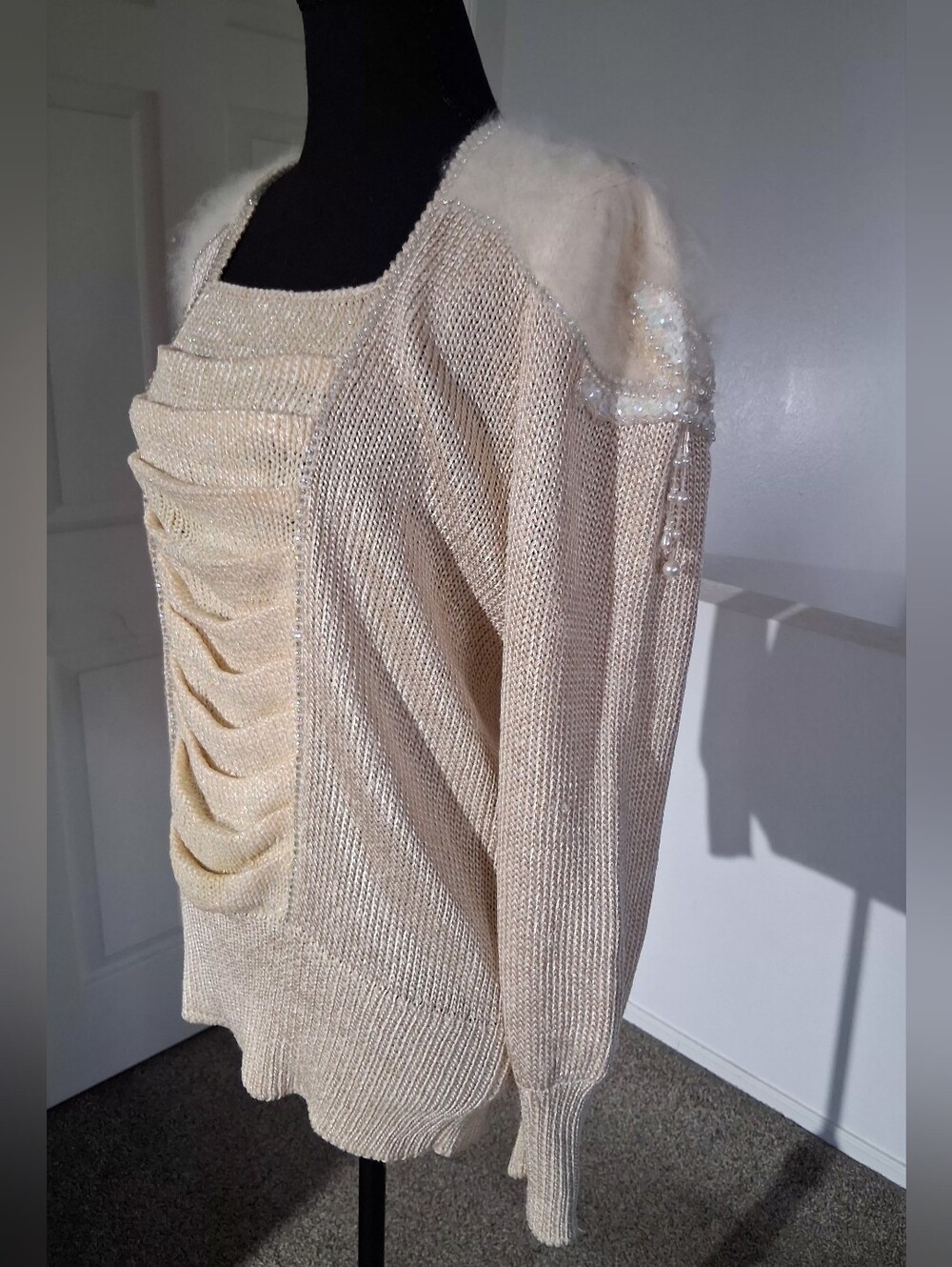 Rare- Old Hollywood Glam Sweater with Cashmere Fur Shoulder Trim